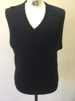 BROOKS BROTHERS, Navy Blue, Cotton, Cable Knit, V-neck, Pull Over