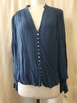 Womens, Top, FREE PEOPLE , Slate Blue, Silver, Rayon, Modal, XS, Button Front, V-neck, Long Sleeves, Silver Back Embroidery Detail