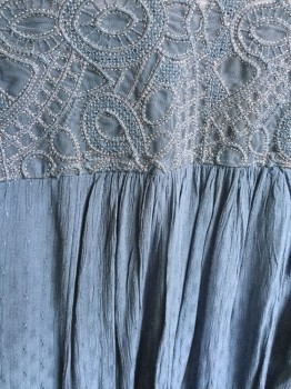 FREE PEOPLE , Slate Blue, Silver, Rayon, Modal, Button Front, V-neck, Long Sleeves, Silver Back Embroidery Detail