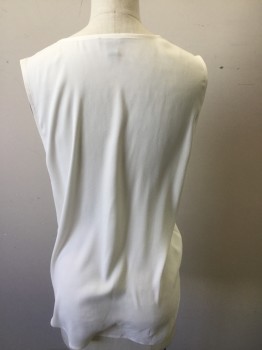 ANN TAYLOR, Off White, Silk, Solid, Open V Crew Neck, Sleeveless, Box Pleat Ruffled Detail at Shoulders and Chest