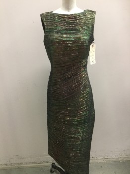 Womens, Evening Gown, JOHN DAVID RIDGE, Multi-color, Synthetic, Lurex, Stripes - Static , 26, 32, 36, Sleeveless, Wide Neck, Multicolored Metallic Lurex Hstriped Gathered Fabric, Assymetrical Weighted Hem, Side Zip, Hook N Eye Closing at Shoulder