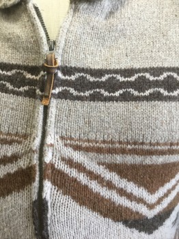 Mens, Cardigan Sweater, LUCKY BRAND, Taupe, Brown, Dk Brown, Wool, Nylon, Geometric, Native American/Southwestern , M, Taupe with Brown and Dark Brown Horizontal Zig Zags, Wavy Lines, Southwestern Inspired Shapes, Knit, Zip Front, Long Sleeves, Short Shawl Collar, 2 Pockets