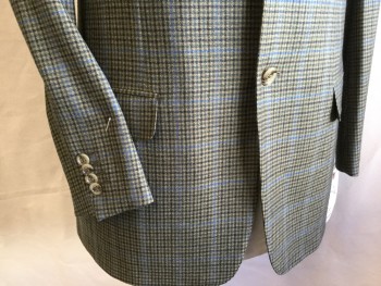 E. ZEGNA, Tan Brown, Olive Green, Lt Blue, Brown, Green, Wool, Plaid, Notched Lapel, Single Breasted, 2 Button Front, 3 Pockets,2 Split Back Hem