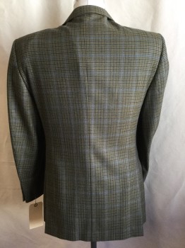 E. ZEGNA, Tan Brown, Olive Green, Lt Blue, Brown, Green, Wool, Plaid, Notched Lapel, Single Breasted, 2 Button Front, 3 Pockets,2 Split Back Hem