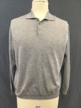Mens, Pullover Sweater, PONTE VECCHIO, Lt Gray, Wool, XL, Polo Style, Ribbed Knit Collar Attached, 3 Buttons,  Long Sleeves, Ribbed Knit Cuff/Waistband
