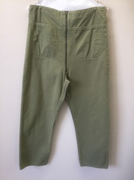 Womens, Pants, RACHEL COMEY, Sage Green, Cotton, Solid, 4, Twill, High Waist, Exposed Zip Fly, Wide Cropped Leg, Elastic at Center Back Waist, Oversized Patch Pockets at Front