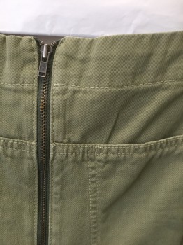 Womens, Casual Pants, RACHEL COMEY, Sage Green, Cotton, Solid, 4, Twill, High Waist, Exposed Zip Fly, Wide Cropped Leg, Elastic at Center Back Waist, Oversized Patch Pockets at Front