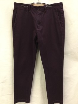 J.CREW, Red Burgundy, Cotton, Polyester, Solid, Burgundy, Flat Front, Zip Front, 4 Pockets
