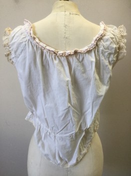 N/L, Off White, Mauve Pink, Cotton, Solid, Embroidered Bib, Lace Trim, Drawstring Waist, Mauve Ribbon Woven Through Collar Lace for Front Tie, Doubles