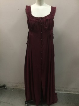 MTO, Red Burgundy, Silk, Solid, Early 1800's Dress. Chiffon , Empire Line, Smocked Waist & Scoop Neckline, Sleeveless Button Front, Ribbon Ties at Side Seam