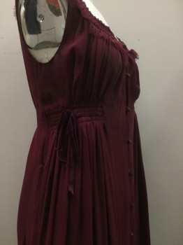 MTO, Red Burgundy, Silk, Solid, Early 1800's Dress. Chiffon , Empire Line, Smocked Waist & Scoop Neckline, Sleeveless Button Front, Ribbon Ties at Side Seam
