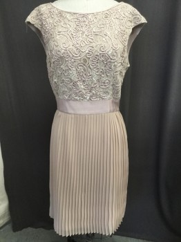 TED BAKER, Blush Pink, Silk, Solid, Boat Neck, Sleeveless, Lace Bodice, Wide Grosgrain Waist, Fan Pleated Chiffon Skirt, Back Has Peaked Collar, 3 Button