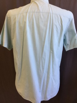 JOHN HENREY, Mint Green, White, Teal Green, Cotton, Polyester, Plaid-  Windowpane, Collar Attached, Button Front, 2 Pockets, Short Sleeves,