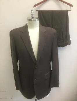 Mens, Suit, Jacket, JOS.A.BANK, Brown, Wool, Cashmere, Solid, 42L, Faint Dotted Windowpane Stripes, Single Breasted, Notched Lapel, 2 Buttons, 3 Pockets