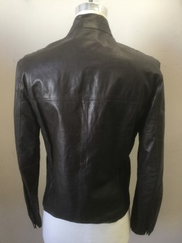 Mens, Leather Jacket, MO851, Dk Brown, Leather, Solid, 38, 2 Zipper Pockets at Chest, 2 Zipper Pockets at Waist, Stand Collar, Zippers at Sleeves
