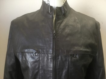Mens, Leather Jacket, MO851, Dk Brown, Leather, Solid, 38, 2 Zipper Pockets at Chest, 2 Zipper Pockets at Waist, Stand Collar, Zippers at Sleeves