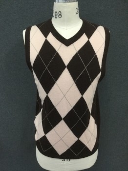 Mens, Sweater Vest, VIP ACCESS, Chocolate Brown, Ballet Pink, Gray, Wool, Nylon, Argyle, S, Argyle Front, Solid Chocolate Back, V-neck, Solid Chocolate Ribbed Knit V-neck/Armholes/Waistband