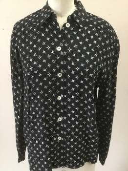 LIZ CLAIBORNE, Black, White, Rayon, Geometric, Polka Dots, Collar Attached, Button Front, Long Sleeves, Square and Dot Print