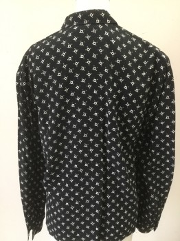 LIZ CLAIBORNE, Black, White, Rayon, Geometric, Polka Dots, Collar Attached, Button Front, Long Sleeves, Square and Dot Print