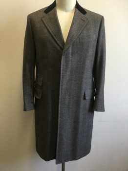 Mens, Coat, Overcoat, CANALI, Dk Brown, Cream, Wool, Herringbone, 44, Appears Heathered Brown, Solid Black Velvet Collar Attached, Notched Lapel, 4 Pockets, Single Breasted, Hidden Placket