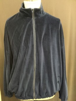 Mens, Sweatsuit Jacket, RESIDENCE, Navy Blue, Gray, Cotton, Solid, 2XT, Velour, Stand Up Collar, Zip Front, Grey Piping Along Zipper, Elastic Waist