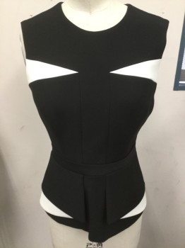 TED BAKER, Black, White, Polyester, Solid, Novelty Pattern, Crew Neck, Sleeveless, White Triangle Inset at Bust, Fitted, Double Hidden Pleat  Peplum Look, Back Zipper,