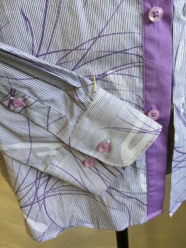 Mens, Casual Shirt, ROSSETTI UOMO, White, Lavender Purple, Purple, Cotton, Stripes - Vertical , Abstract , L, Collar Attached, Button Front, Long Sleeves,