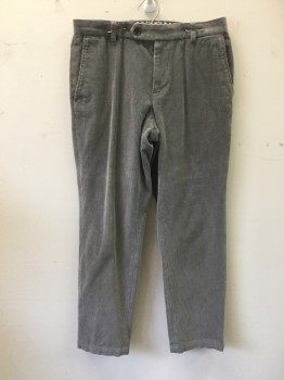 BROOKS BROTHERS, Gray, Cotton, Solid, Corduroy, Flat Front, Zip Fly, Button Tab, 4 Pockets, Belt Loops