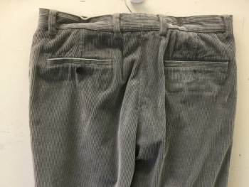 Mens, Casual Pants, BROOKS BROTHERS, Gray, Cotton, Solid, 32/32, Corduroy, Flat Front, Zip Fly, Button Tab, 4 Pockets, Belt Loops