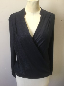 H&M, Midnight Blue, Polyester, Solid, Crinkly/Bumpy Textured Sheer, Long Sleeves, V-neck, Wrapped Detail at Front, 1 Button Closure at Neckline, Pleat at Each Shoulder Seam