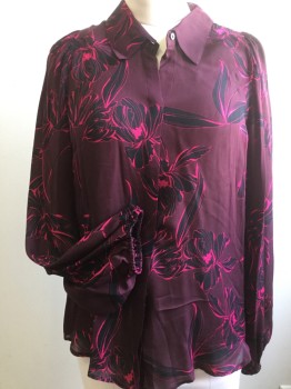 A.L.C., Red Burgundy, Black, Fuchsia Pink, Silk, Floral, Button Front Hidden By Placket, Collar Attached, Long Sleeves with Elastic at Cuff