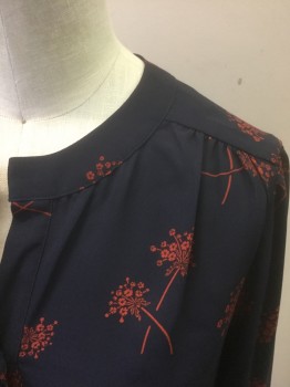 ANN TAYLOR PETITE, Navy Blue, Red, Polyester, Spandex, Floral, Navy with Red Floral Pattern, Chiffon, 3/4 Sleeve, 2 Buttons Under Covered Placket at Center Front, Band Collar,  Gathered at Shoulder Seams