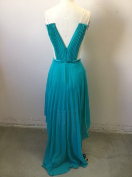 Womens, Cocktail Dress, BEBE, Turquoise Blue, Polyester, Solid, 0, Sheer Illusion Straps, Pleats, Satin at Waist, Center Back Zipper, High-Low Hem