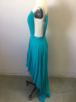 Womens, Cocktail Dress, BEBE, Turquoise Blue, Polyester, Solid, 0, Sheer Illusion Straps, Pleats, Satin at Waist, Center Back Zipper, High-Low Hem