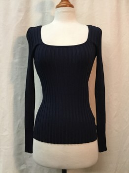 Womens, Top, VERONICA BEARD, Navy Blue, Viscose, Nylon, Solid, S, Navy, Ribbed, Square Scoop Neck, Long Sleeves,