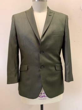 PORTO FILO, Dk Olive Grn, Pink, White, Polyester, Viscose, Stripes - Pin, Peaked Lapel, Single Breasted, Button Front, 2 Buttons,  3 Pockets