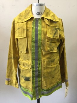 Mens, Fire Turnout Coat, TRANSON MFG, Yellow, Nomex, Solid, L, Long Sleeves, Velcro Closure, 4 Pockets, 3m Segmented Trim, Aged, "Metro Fire Dept.", "Rose"
