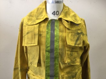 Mens, Fire Turnout Coat, TRANSON MFG, Yellow, Nomex, Solid, L, Long Sleeves, Velcro Closure, 4 Pockets, 3m Segmented Trim, Aged, "Metro Fire Dept.", "Rose"