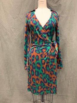 Womens, Dress, Long & 3/4 Sleeve, DVF, Green, Navy Blue, Brown, Silk, Abstract , 6, Surplice Top, Collar Attached, Long Sleeves, Horizontal Pleated at Waist, Self Attached Belt