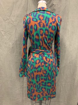 Womens, Dress, Long & 3/4 Sleeve, DVF, Green, Navy Blue, Brown, Silk, Abstract , 6, Surplice Top, Collar Attached, Long Sleeves, Horizontal Pleated at Waist, Self Attached Belt