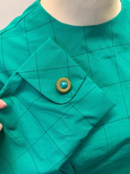 MTO, Teal Green, Black, Synthetic, Grid , Long Sleeves, Round Neck,  Long Bust Darts, Circle Skirt, Center Back Metal Zipper,