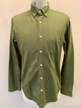 J.CREW, Olive Green, Cotton, Solid, Oxford Weave, Long Sleeves, Button Front, Collar Attached, Button Down Collar, 1 Patch Pocket