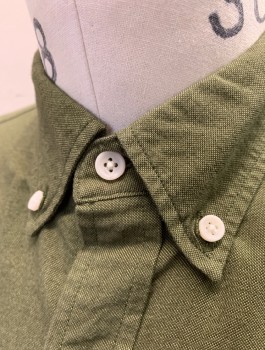 J.CREW, Olive Green, Cotton, Solid, Oxford Weave, Long Sleeves, Button Front, Collar Attached, Button Down Collar, 1 Patch Pocket