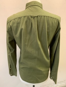 Mens, Casual Shirt, J.CREW, Olive Green, Cotton, Solid, Oxford Weave, M, Long Sleeves, Button Front, Collar Attached, Button Down Collar, 1 Patch Pocket