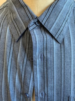 Mens, Casual Shirt, HAGGAR, Slate Blue, Heather Gray, Faded Black, Polyester, Heathered, Stripes - Vertical , XL, Collar Attached, Button Front, 1 Pocket, Short Sleeves,