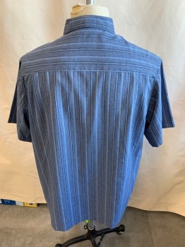 HAGGAR, Slate Blue, Heather Gray, Faded Black, Polyester, Heathered, Stripes - Vertical , Collar Attached, Button Front, 1 Pocket, Short Sleeves,