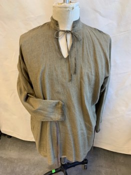Mens, Historical Fiction Shirt, MTO, Burnt Umber Brn, Linen, Cotton, Solid, C:54, (Aged/Distressed) V-Neck with Mandarin Collar Attached with Self Tie, Long Sleeves with 2 Brown Tie