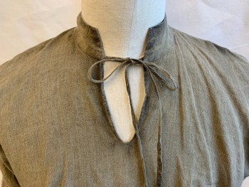 MTO, Burnt Umber Brn, Linen, Cotton, Solid, (Aged/Distressed) V-Neck with Mandarin Collar Attached with Self Tie, Long Sleeves with 2 Brown Tie