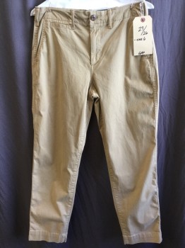GAP, Khaki Brown, Cotton, Spandex, Solid, 1.5" Waistband with Belt Hoops, Flat Front, Zip Front, 5 Pockets