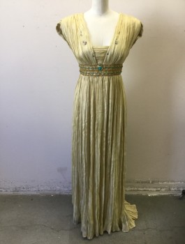 Womens, Historical Fiction Dress, N/L MTO, Gold, Turquoise Blue, Silk, Solid, W:26, B:32, Finely Crinkled Gold Mesh, Padded Cap Sleeves, Empire Waist with Shiny Gold Lace and Turquoise Beading, Square Neck, Floor Length, Made To Order Egyptian Inspired